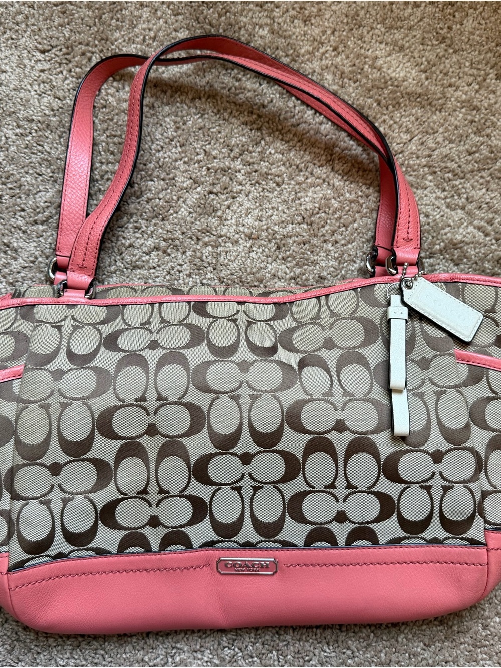 Coach Park Signature Carrie Canvas Shoulder Bag with Pink Trim